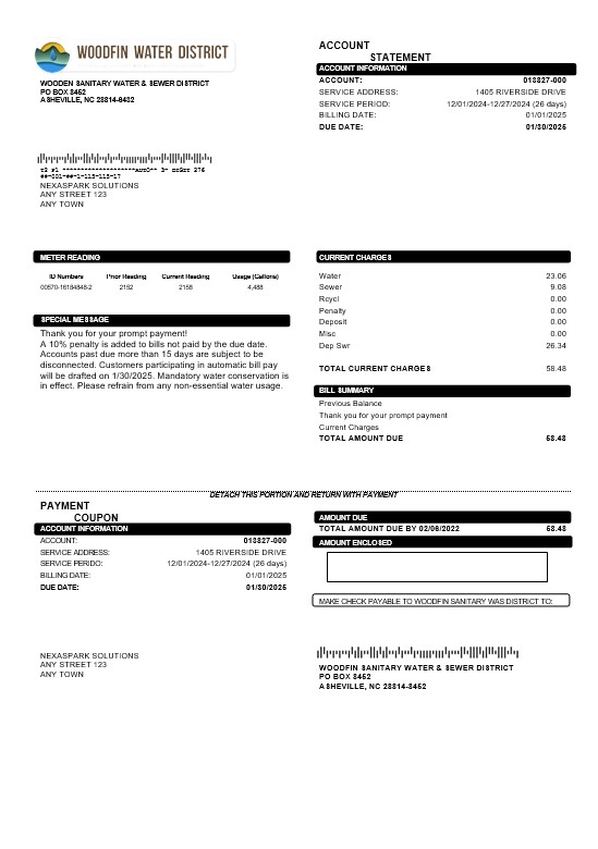 USA North Carolina Woodfin Sanitary Water & Sewer District business utility bill template in Word and PDF formats